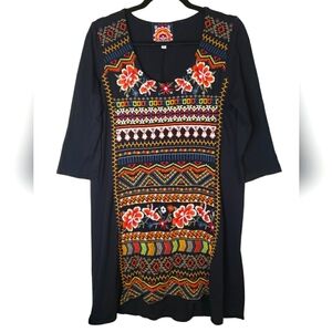 Johnny Was Los Angeles Black Floral Embroidered Tunic Bohemian Dress Size M